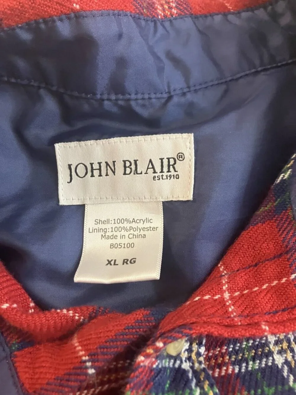 John Blair Mens Red Plaid Long Sleeve Button-Up Shirt XL RG 100% Acrylic